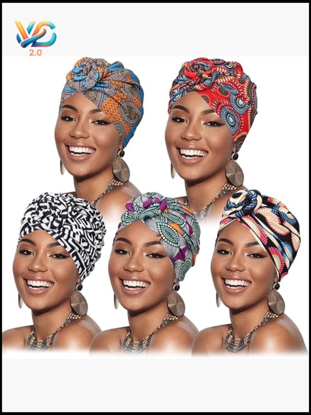 5 Pack Knotted Headwraps African Turban Pre-Knotted Beanie Hair Covers
